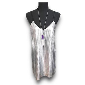 Metallic Silver Tiny Pleated Cocktail Slip Dress SZ S